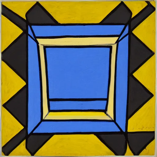 Image similar to painting, four rectangle and one triangle shapes, in blue, in yellow, in green, divided by black lines