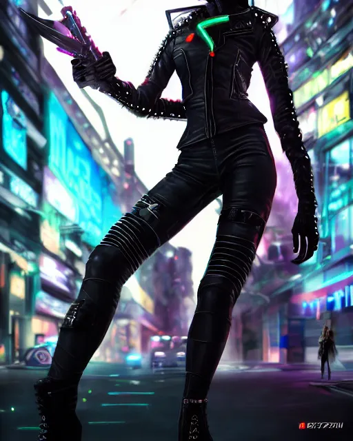 Image similar to concept art of a cyber punk girl wearing a black leather jacket with neon spikes, wearing a futuristic biker helmet, holding a futurstic cyberpunk weapon, standing in a busy cyberpunk city center | | epic - fine - fine details by stanley artgerm lau, wlop, rossdraws, and sakimichan, trending on artstation, brush strokes