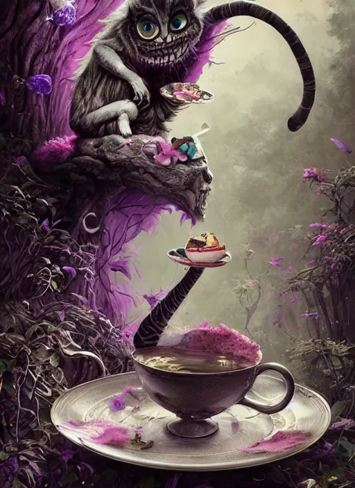 Image similar to Cheshire Cat drinking tea with Mad hatter, death tarot card,highly detailed,half skull face,cinematic,8k,by Stanley Artgermm,Tom Bagshaw,Greg Rutkowski,Carne Griffiths, Ayami Kojima, Beksinski, Giger,trending on DeviantArt,hyper detailed,horror, full of colour