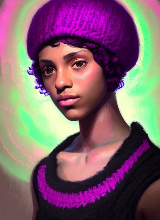 Image similar to portrait of teenage vanessa morgan with bright pink hair, black girl, curly pixie cut hair, wearing a purple breton cap, breton cap, hoop earrings, intricate, elegant, glowing lights, highly detailed, digital painting, artstation, concept art, smooth, sharp focus, illustration, art by wlop, mars ravelo and greg rutkowski