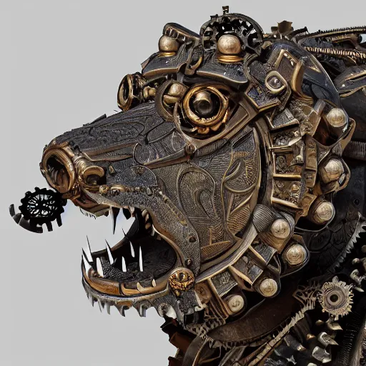 Image similar to A steampunk ornate wolf made of engraved full plate armor and gears, Macro shot by Justin Gerard, unreal engine, physically based rendering