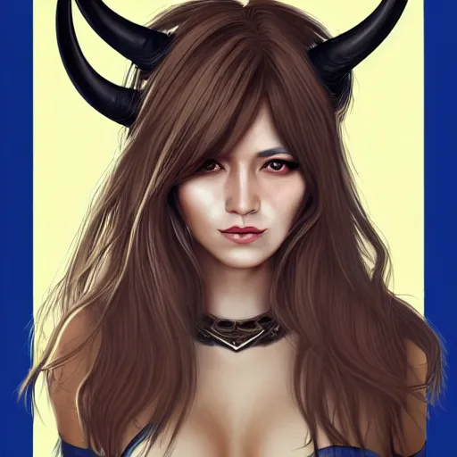 Image similar to illustrated realistic portrait of prong-horned devil woman with blue bob hairstyle and her tan colored skin and with solid black eyes wearing leather by rossdraws