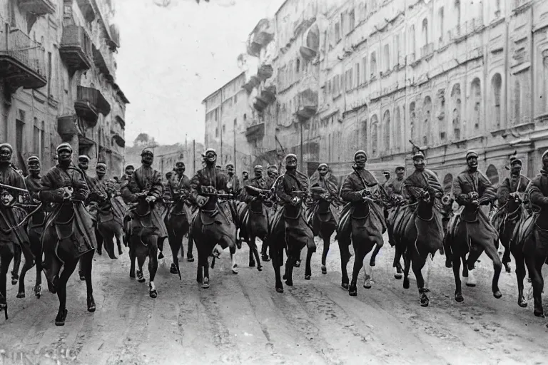 Prompt: a dozen ww 1 cavalrymen marching through italian - style city, 1 9 0 5, black and white photography