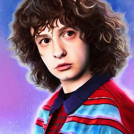 Image similar to portrait, Finn Wolfhard in Stranger Things universe, watercolor, dramatic lighting, cinematic, establishing shot, extremely high detail, foto realistic, cinematic lighting, digital art, vector, by Yoshitaka Amano, Ruan Jia, Kentaro Miura, Artgerm, post processed, concept art, artstation, matte painting, style by eddie mendoza, raphael lacoste, alex ross