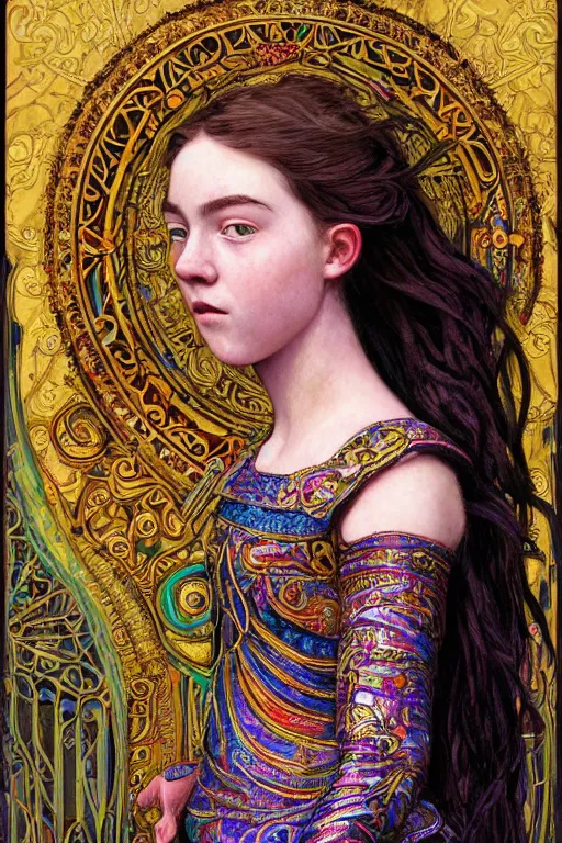 Image similar to a colorful head and torso art nouveau portrait of a 16-year old sun goddess who resembles Saoirse Ronan and Anya Taylor Joy with a worried, intense gaze and slightly opened mouth, ornate intricate iridescent battle armor, intricate, elegant, highly detailed, digital painting, artstation, concept art, smooth, sharp focus, illustration, art by John William Waterhouse and Bouguereau and Donato Giancola and alphonse mucha