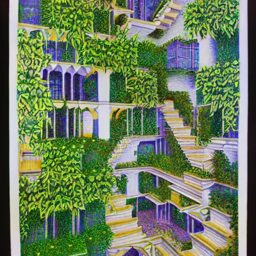 Image similar to hanging gardens of babylon, in the style of m c escher, colored pencil drawing