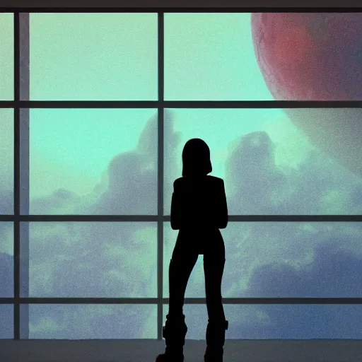 Image similar to a partial silhouette of a girl looking out a large window at a space scene, lofi aesthetic volumetric lighting, dramatic, realistic, intense,