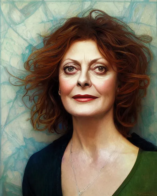 Prompt: portrait of a susan sarandon by Mandy Jurgens and Richard Schmid and chuck close and mucha
