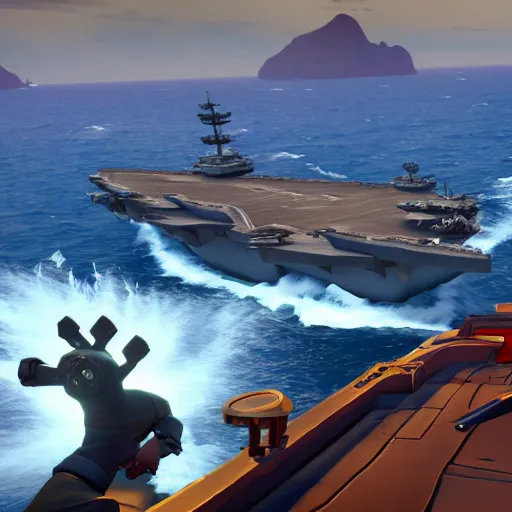 Prompt: Gameplay screenshot of an aircraft carrier!!! in Sea of Thieves!!!, Unreal Engine