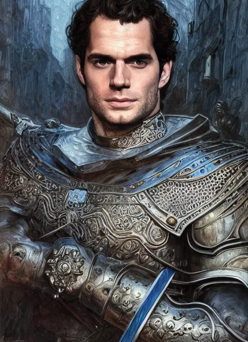 Image similar to Henry Cavill as a medieval Knight, beautiful detailed eyes, cute, fantasy, intricate, elegant, highly detailed, digital painting, 4k, HDR, concept art, detailed jewelry, smooth, sharp focus, illustration, art by Artgerm, H R Giger and Alphonse Mucha