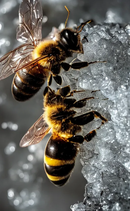 Image similar to the last bee entrapped under a layer of ice, beautiful macro photography, cold ambient light