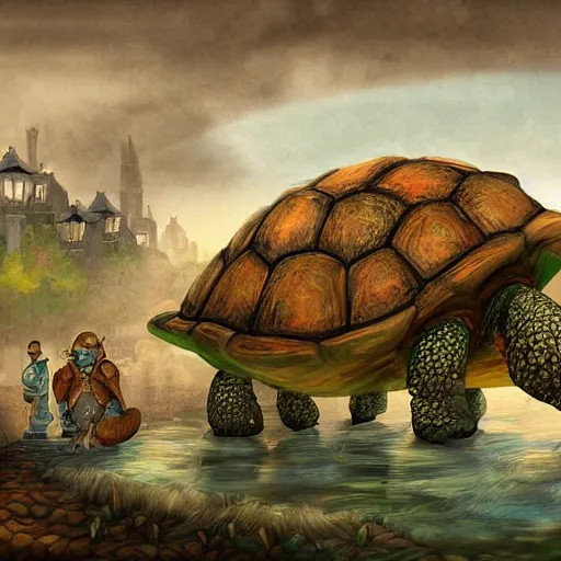 Prompt: a large fantasy town on top of a giant turtle,digital art,detailed