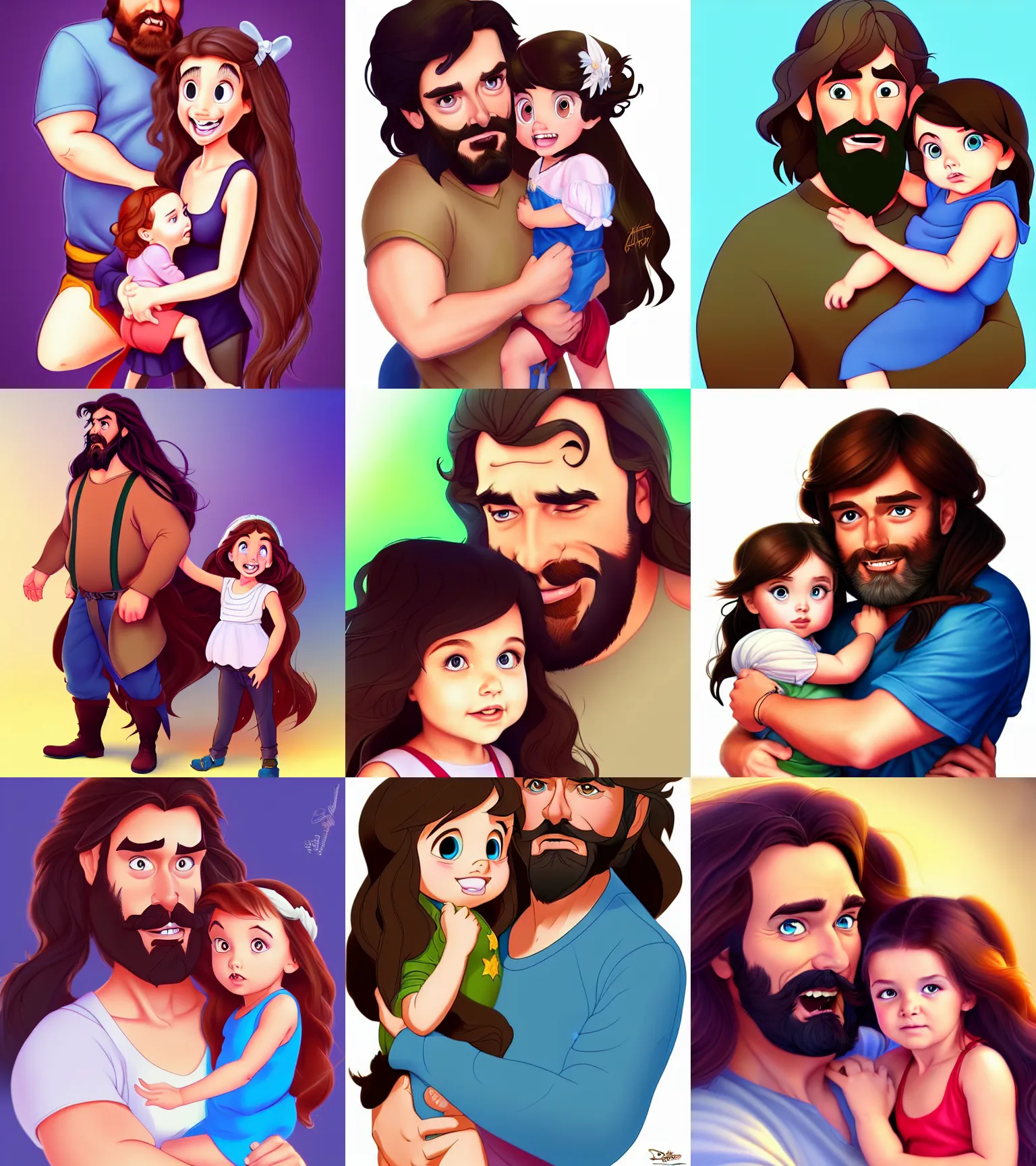 Image similar to a long - haired bearded father and his brunette child toddler girl full color digital illustration in the style of don bluth, artgerm, artstation trending, 4 k