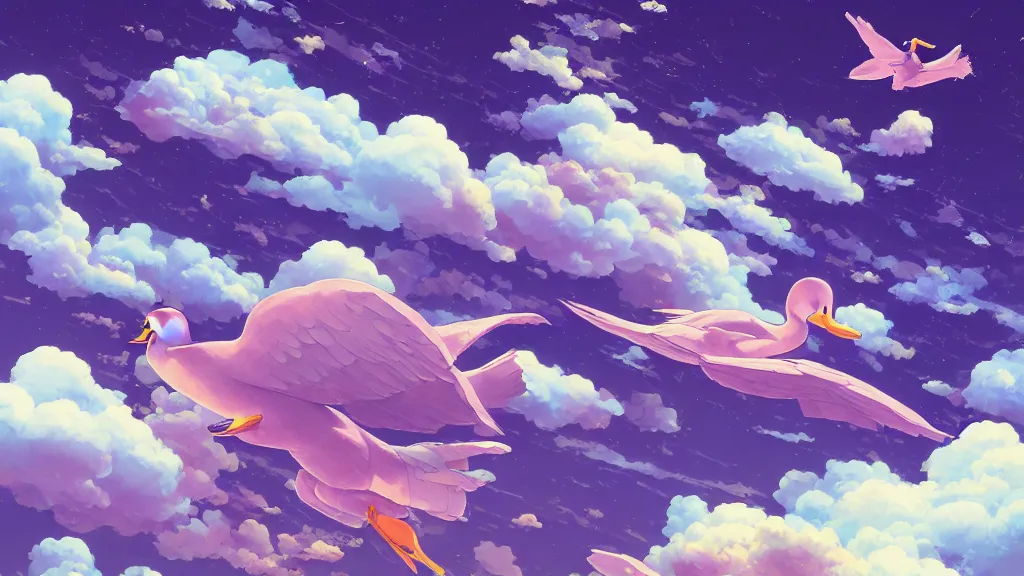 Prompt: highly detailed illustration a purple duck flying lots of high exposure cat - shaped clouds by makoto shinkai, by oliver vernon, by joseph moncada, by damon soule, by manabu ikeda, by kyle hotz, by dan mumford, by otomo, 4 k resolution