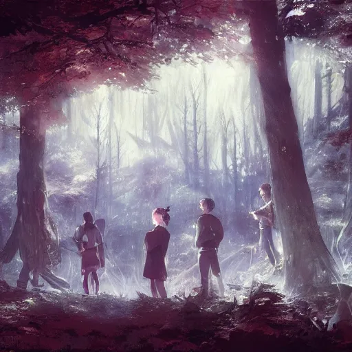 Image similar to group of vampires in the woods, hyperrealistic, trending on pixiv fanbox, painted by greg rutkowski makoto shinkai takashi takeuchi studio ghibli, akihiko yoshida