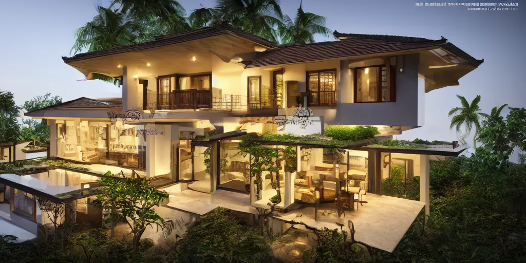 Image similar to 3d rendering of beautiful nature meets architecture concept of a residential house. balinese architecture, volumetric lighting, luxury, high detail, 14mm, cinematic photography, cg architects, high resolution