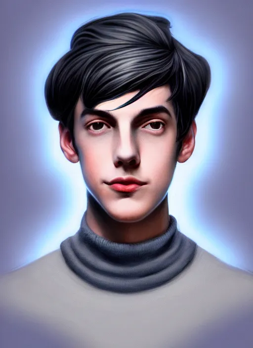 Image similar to portrait of teenage jughead jones wearing a light grey crown, crown, blue turtleneck, 1 9 5 0 s, closed eyes, photorealistic, black hair, glowing lighting, intricate, elegant, glowing lights, highly detailed, digital painting, artstation, concept art, smooth, sharp focus, illustration, art by wlop, mars ravelo and greg rutkowski