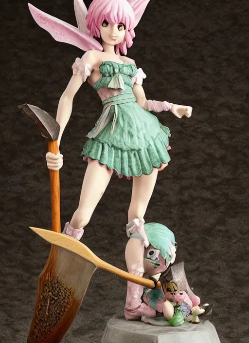 Prompt: a wholesome femo figurine of a cute funny axe fairy with freckles wearing a frilly floral axe dress featured on dark souls by studio ghibly and h r giger made of woodcutter's hatchet, pastels, wide angle, dynamic dancing pose, 🎀 🪓 🧚