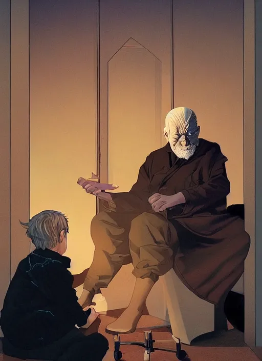 Prompt: poster artwork by Michael Whelan and Tomer Hanuka, Karol Bak of a old man transferring his soul into a young boy, sitting in the board room, from scene from Twin Peaks, clean