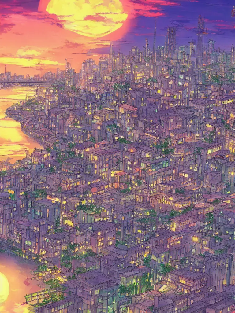 Prompt: a digital art of sunset, a metropolis beside the river, by studio ghibli and hayao miyazaki, highly - detailed, anime, deviantart