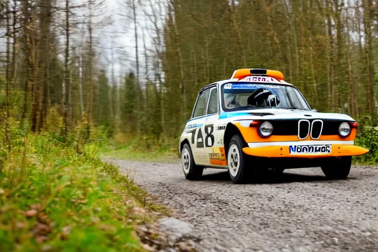 Image similar to A BMW 2002 rally car driving past a swedish village in the woods, high-speed sports photography