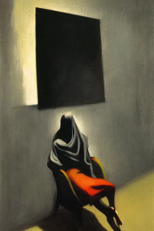 Image similar to dark figure seated on chair, face covered with veil, fog, early morning, , painted by Edward Hopper and Francis Bacon, painted by Wayne Barlow, airbrush, art by TakatoYamamoto