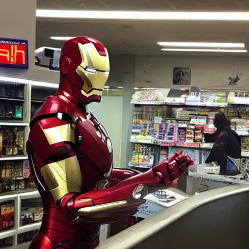 Image similar to Iron Man working as a 7/11 cashier using a red laser scanner, cash register, red laser scanner, wide wide shot, very detailed, beautiful lighting, red laser, fire, smoke
