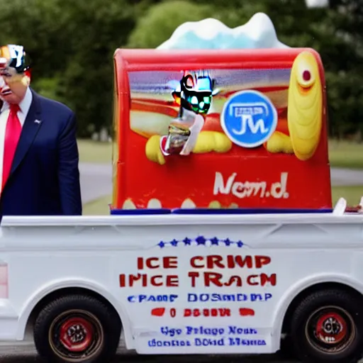 Image similar to donald trump in an ice cream truck giving ice cream to children