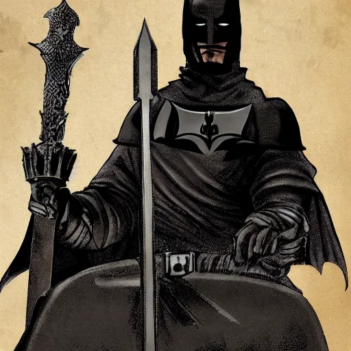 Prompt: a dark knight with a closed helmet and cloak sits menacingly on a throne with a sword in his hand against a black imperial flag