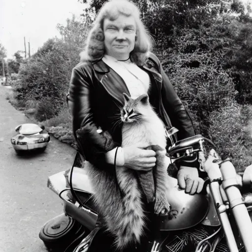 Prompt: a photo by ansel adams of a slender beautiful woman with straight ginger hair and bangs, wearing purple leathers and gold helmet, posing with large ginger tabby and raccoon on a motorcycle in her front yard, holding coffee mug and toasted brioche bun, 8 5 mm lens