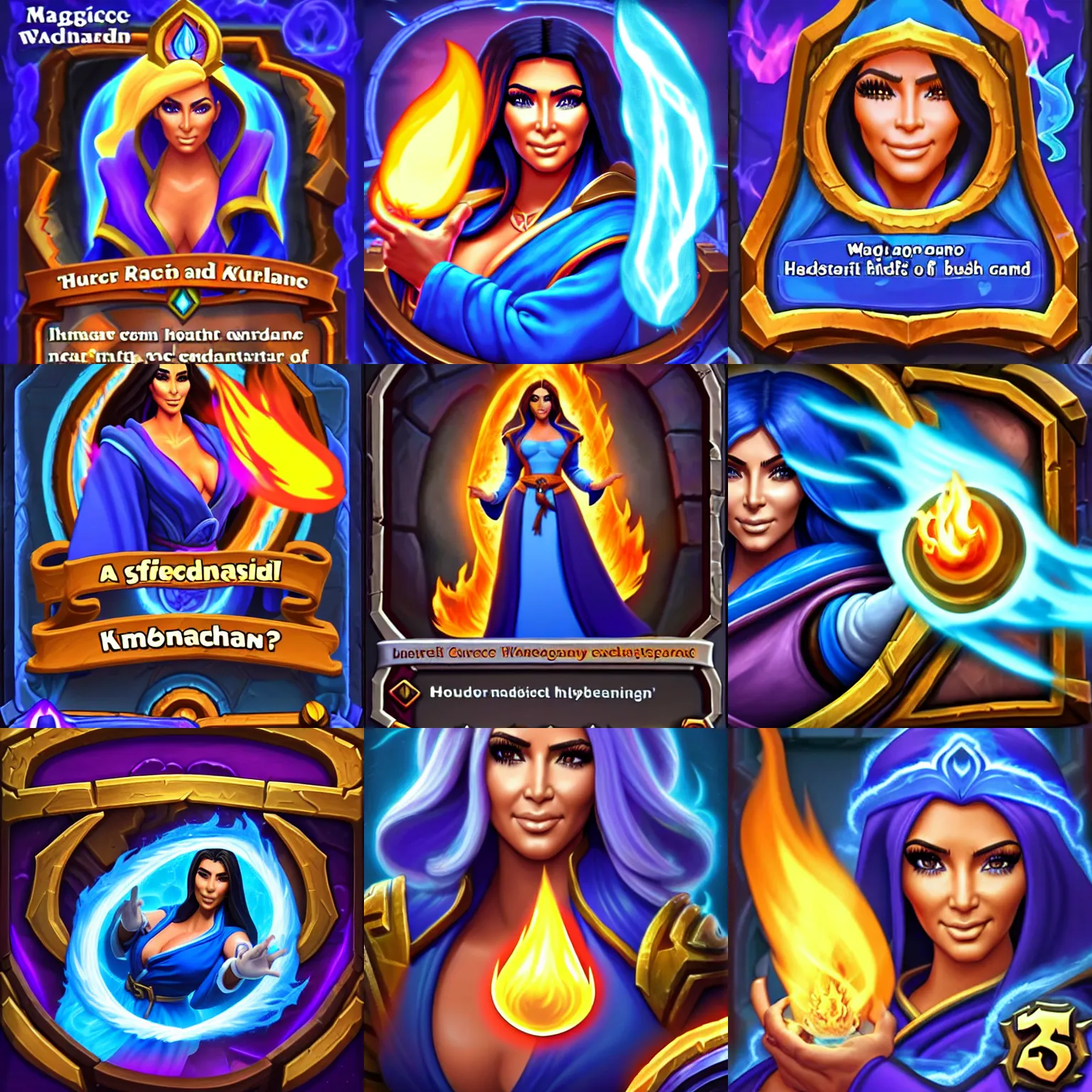 Prompt: Who : a mage with a blue robe casting a fire ball; Body : Kim Kardashian body ; Head : Disney random face and hair ; IMPORTANT : Hearthstone official splash art, award winning, trending in category \'hyperdetailed\'