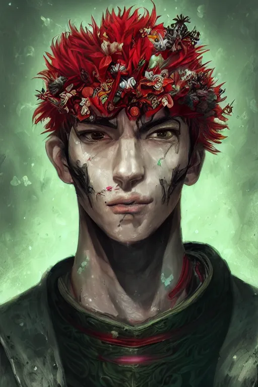 Prompt: portrait of beautiful young man, warhammer, japanic style, cyberpunk, a lot of scars, more and more flowers, green head, sun side, some red water, the middle ages, highly detailed, artstation, illustration, artgerm sylvari portrait, 8 k quality