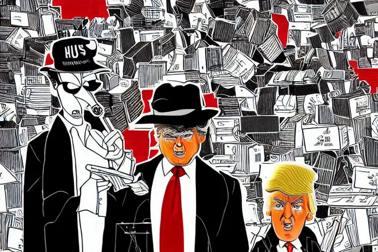 Image similar to 2 d poster illlustration donald trump and donald trump wearing trenchcoats and black spy hats and stacks of boxes for the movie spy vs spy