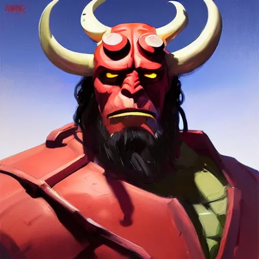 Image similar to greg manchess portrait painting of hellboy as overwatch character, medium shot, asymmetrical, profile picture, organic painting, sunny day, matte painting, bold shapes, hard edges, street art, trending on artstation, by huang guangjian and gil elvgren and sachin teng