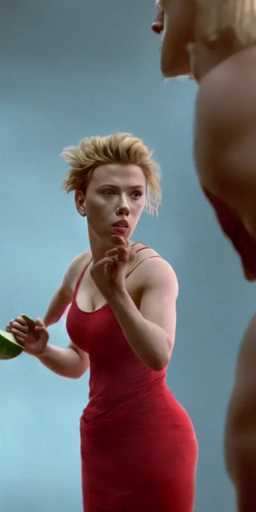 Image similar to scarlett johansson roundhouse kicking and smashing a watermelon, film still, highly detailed, film grain, behind the scenes, photorealism