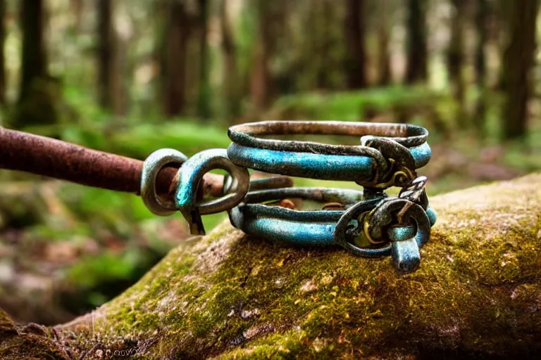 Prompt: photograph of a fantasy style shackle in an ancient forest