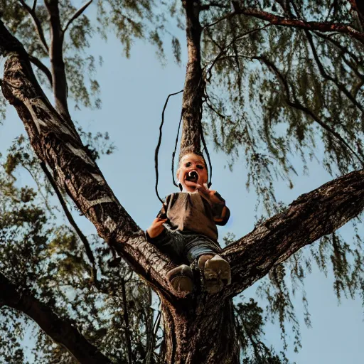 Image similar to bogan kid stuck up a tree, screaming, canon eos r 3, f / 1. 4, iso 2 0 0, 1 / 1 6 0 s, 8 k, raw, unedited, symmetrical balance, wide angle