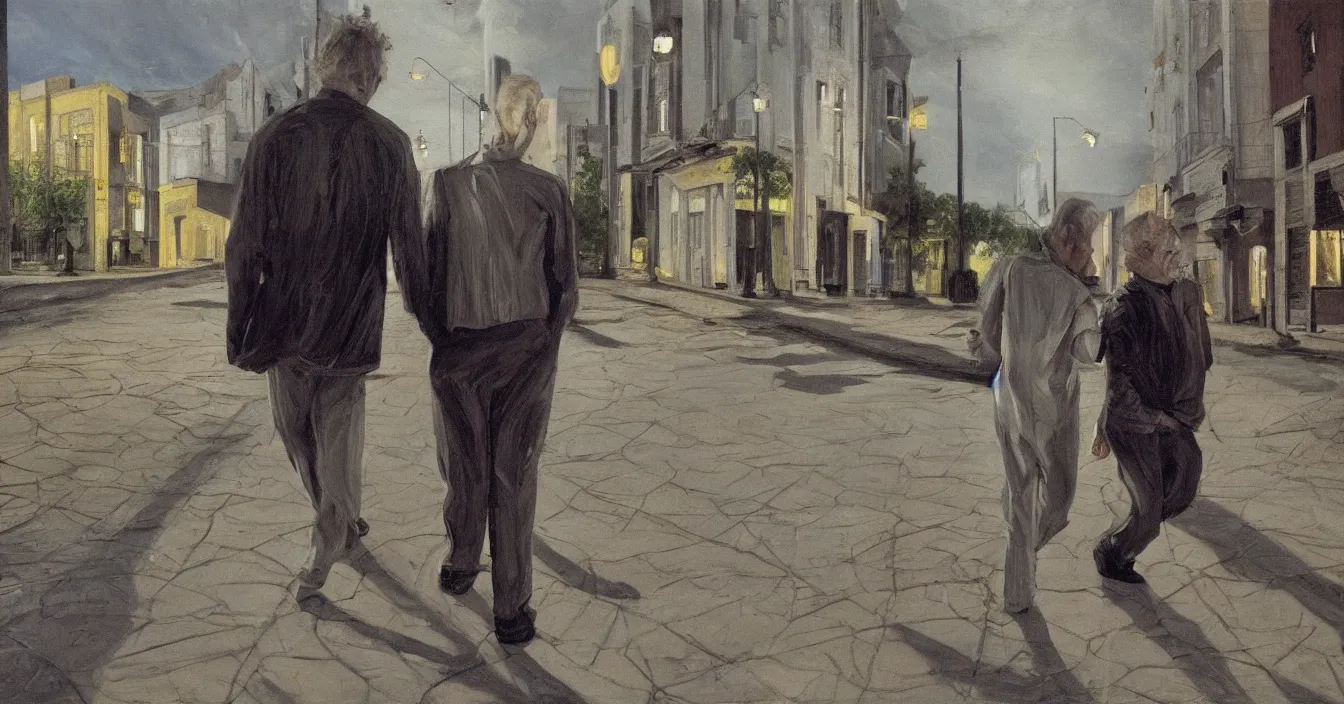 Image similar to high quality high detail painting of todd solondz walking with a friend in an empty tel aviv street, night, by lucian freud and gregory crewdson and francis bacon, hd, photorealistic lighting