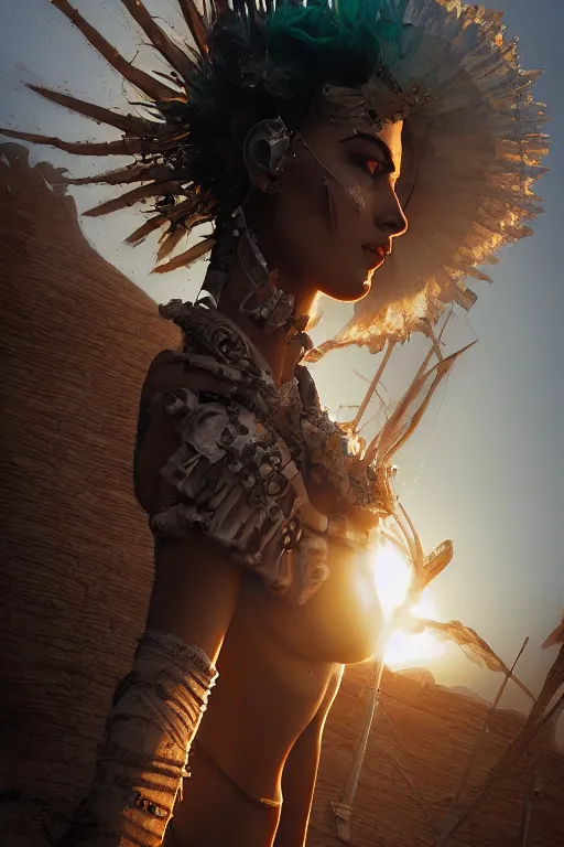 Image similar to a photo of a post apocalyptic goddess at burning man festival playa, powerful, cinematic, beautifully lit, by artgerm, by craig mullins, by galan pang, 3 d, trending on artstation, octane render, 8 k