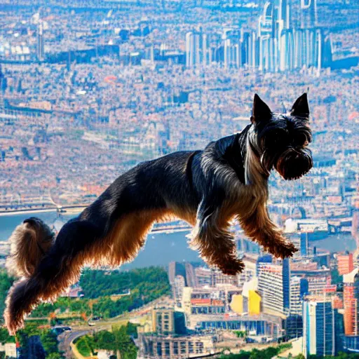 Prompt: a zwerg schnauzer flies over the city in a super cape