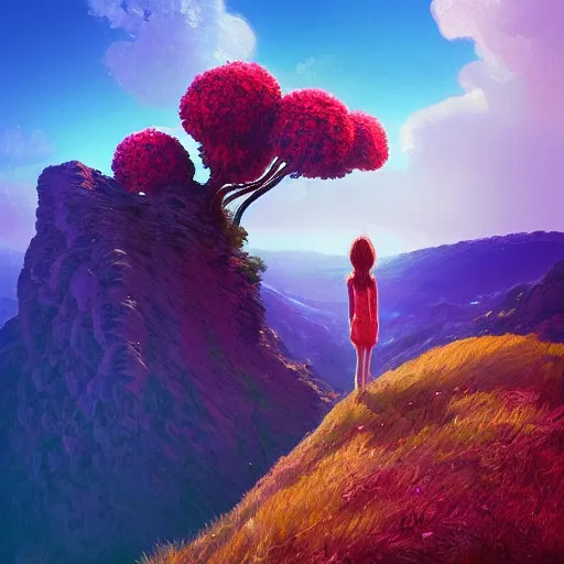 Image similar to closeup, giant flower head, girl standing on cliff, surreal photography, sunrise, blue sky, dramatic light, impressionist painting, digital painting, artstation, simon stalenhag