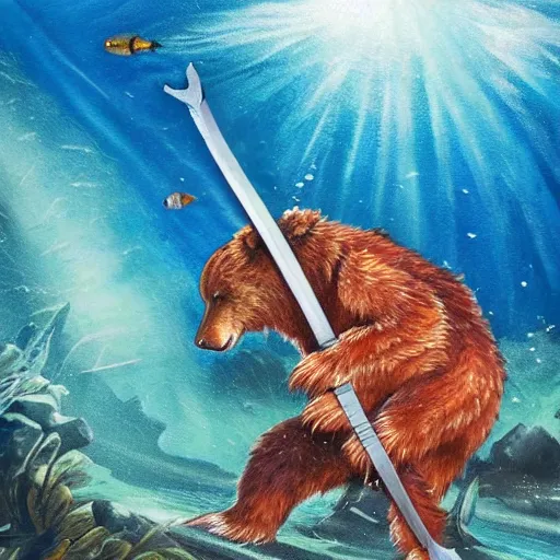 Image similar to a fish having a sword fight with a bear