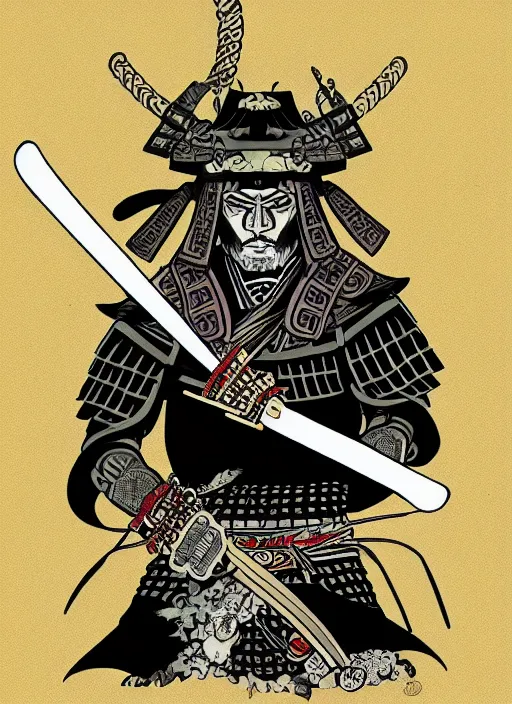 Prompt: Samurai, in the style of Sam Guay and James Jean, flat illustration, trending on artstation