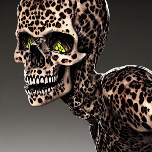 Image similar to Skull that look too much like skull!, crypt lurker!!, 8k CG character rendering of a spider-like hunting female on its back, fangs extended, wearing a leopard-patterned dress, set against a white background, with textured hair and skin.