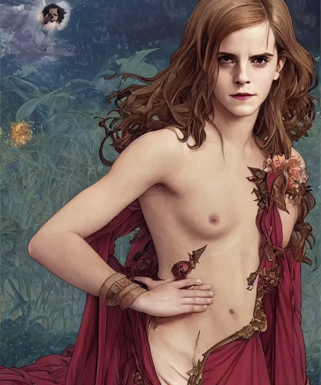 Image similar to Emma Watson as Lucifer morningstar, highly detailed, digital painting, artstation, concept art, smooth, sharp focus, illustration, ArtStation, art by artgerm and greg rutkowski and alphonse mucha and J. C. Leyendecker and Edmund Blair Leighton and Katsuhiro Otomo and Geof Darrow and Phil hale and Ashley wood and Ilya repin and Charlie Bowater