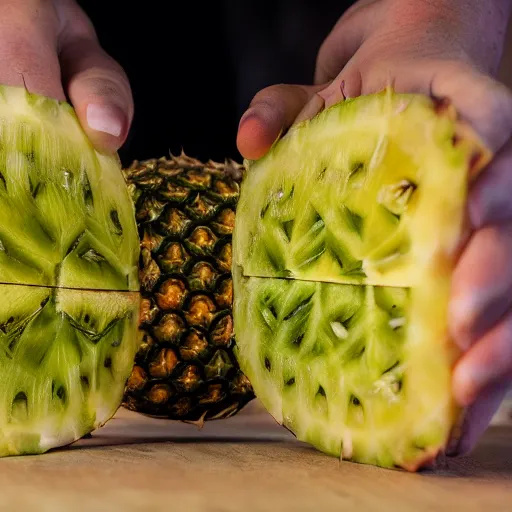 Prompt: professional photography of a pineapple cut open to reveal fiber - optic circuitry inside