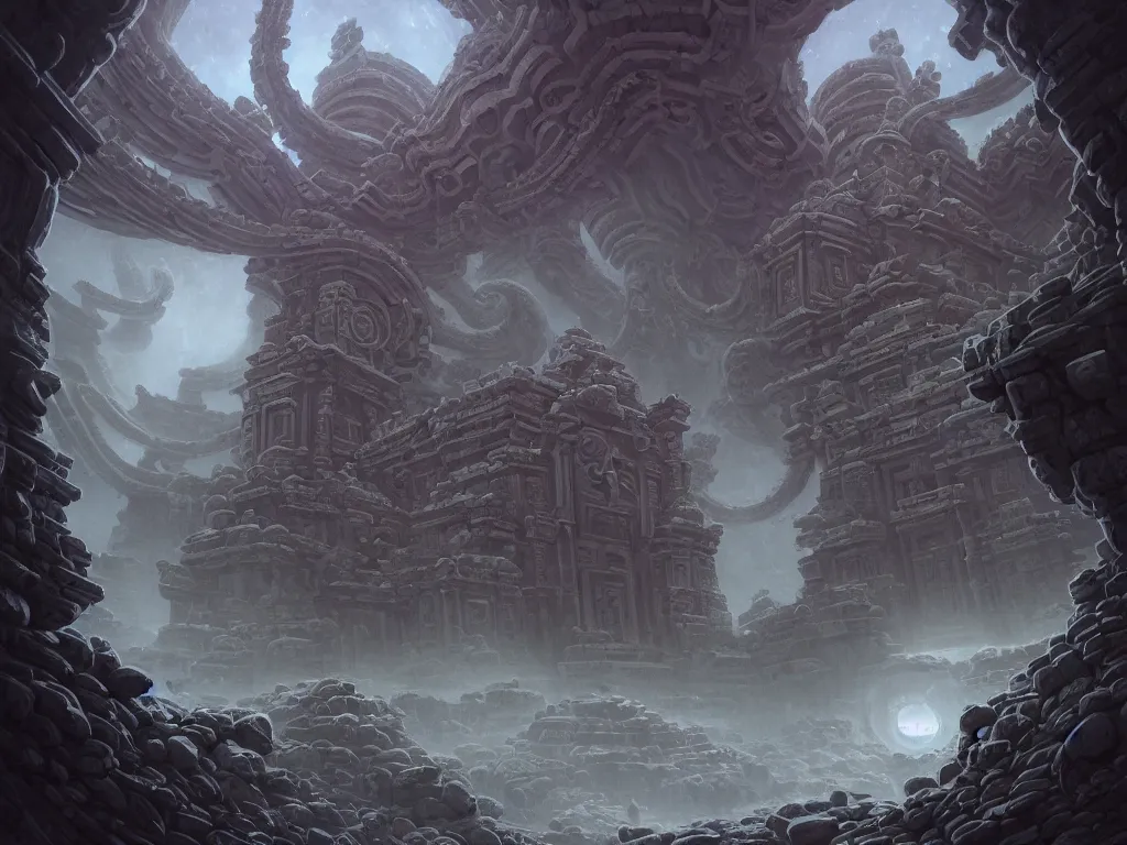 Prompt: A picture of a mysterious ancient temple with geometric patterns and tentacles coming out of the entrance art by Noah Bradley, Darek Zabrocki, Jorge Jacinto, Pablo Carpio, Tuomas Korpi, Gilles Beloeil, Jordan Grimmer, Tyler Edlin and Natasha Tan, ominous, cosmic horror, trending on artstation, Ultra detailed, hyper realistic, 4k