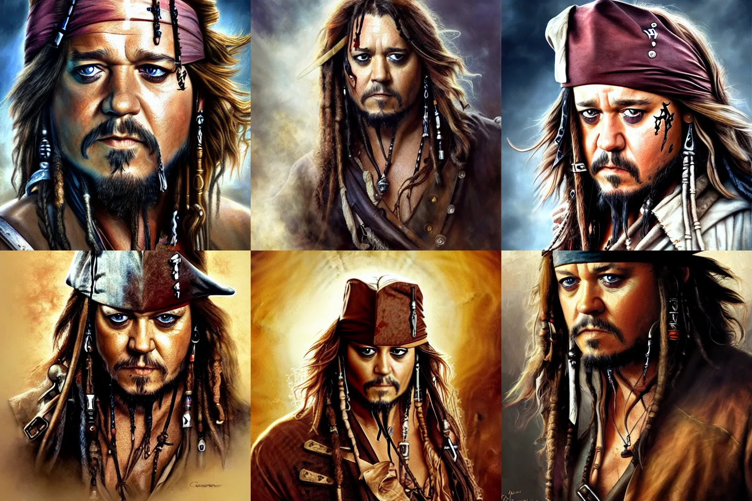 Prompt: russell crowe as captain jack sparrow, digital painting, extremely detailed, 4 k, intricate, brush strokes, mark arian, artgerm, bastien lecouffe - deharme