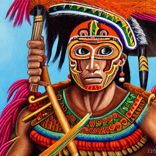 Image similar to detailed painting of a mayan warrior with a crossbow detail intricate exquisite colorful