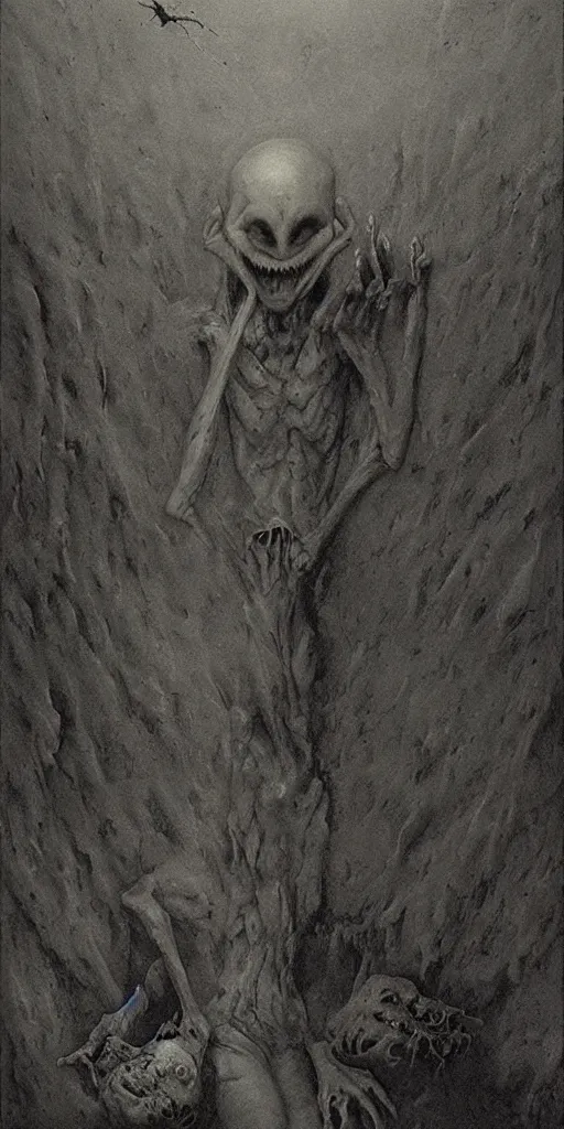 Prompt: demonic alien with long fingers at the foot of the bed in a dark room, tombstones, cows, beksinski